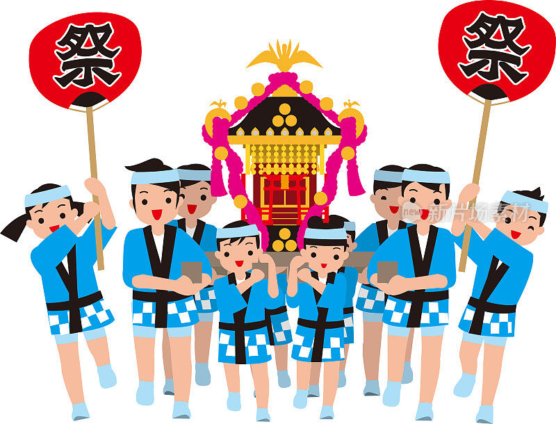 A shrine and children who carry it. Japanese traditional event. Vector material.